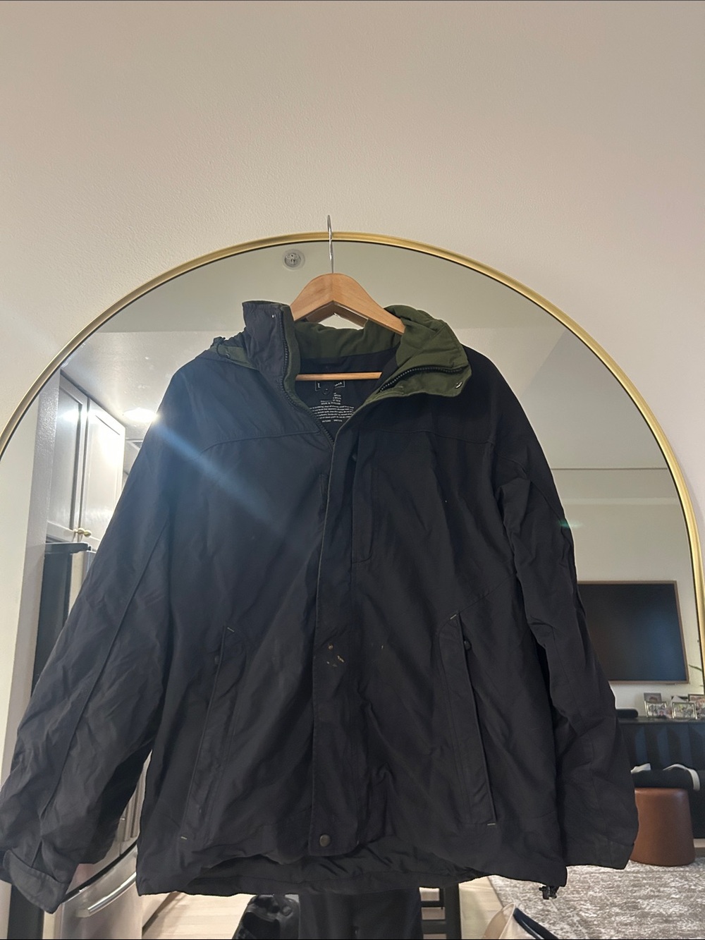 Eddie Bauer Black Puffer Jacket with Olive Green Hood Lining